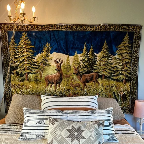 Vintage Velvet Italian Tapestry Rug Wall Hanging of Mountain Scene Buck & Deer